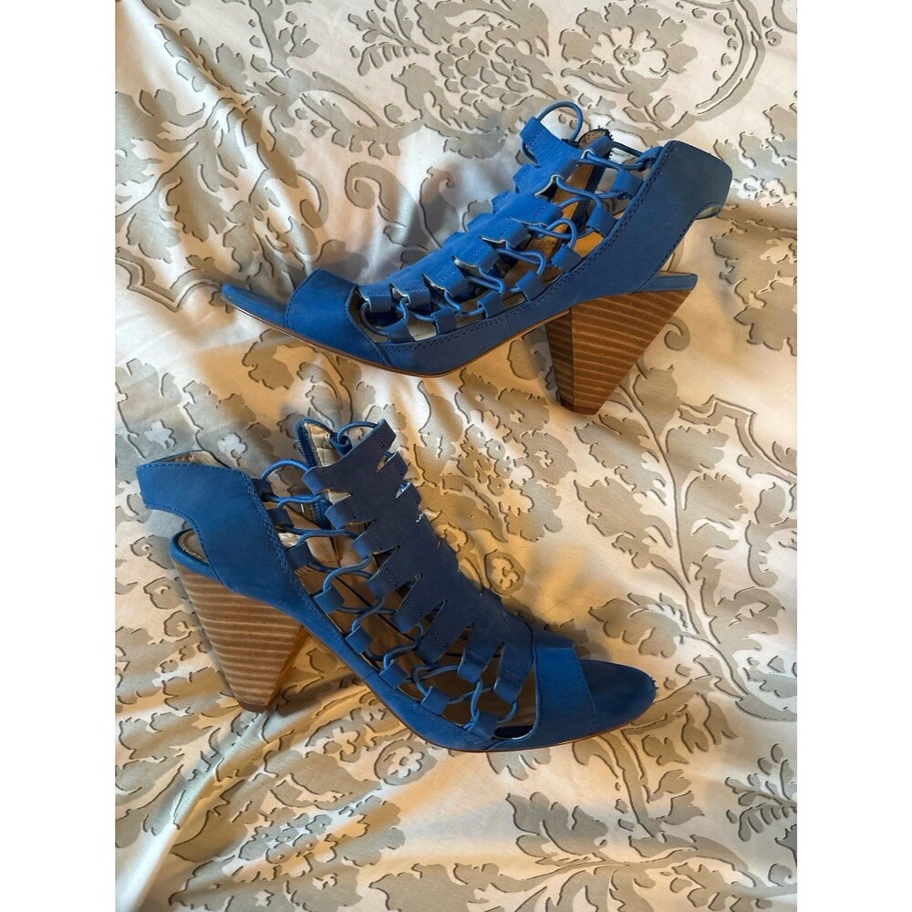 Vince Camuto Blue Lace Up Peep Toe Chunky Heel Sandals